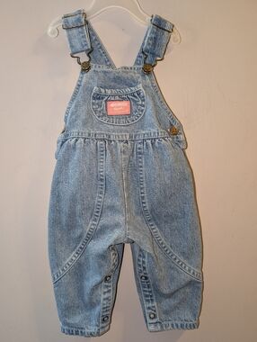 Vintage OshKosh B'gosh Light Blue Denim Vestbak Overalls Pink Patch 12 Months